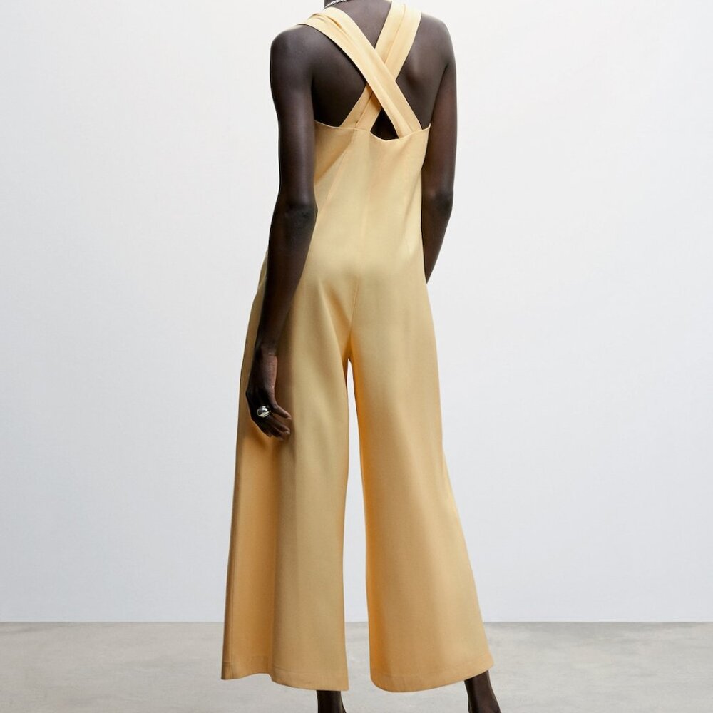Mango MNG Yellow Cross back sleeveless cropped leg jumpsuit Sz XS NWT